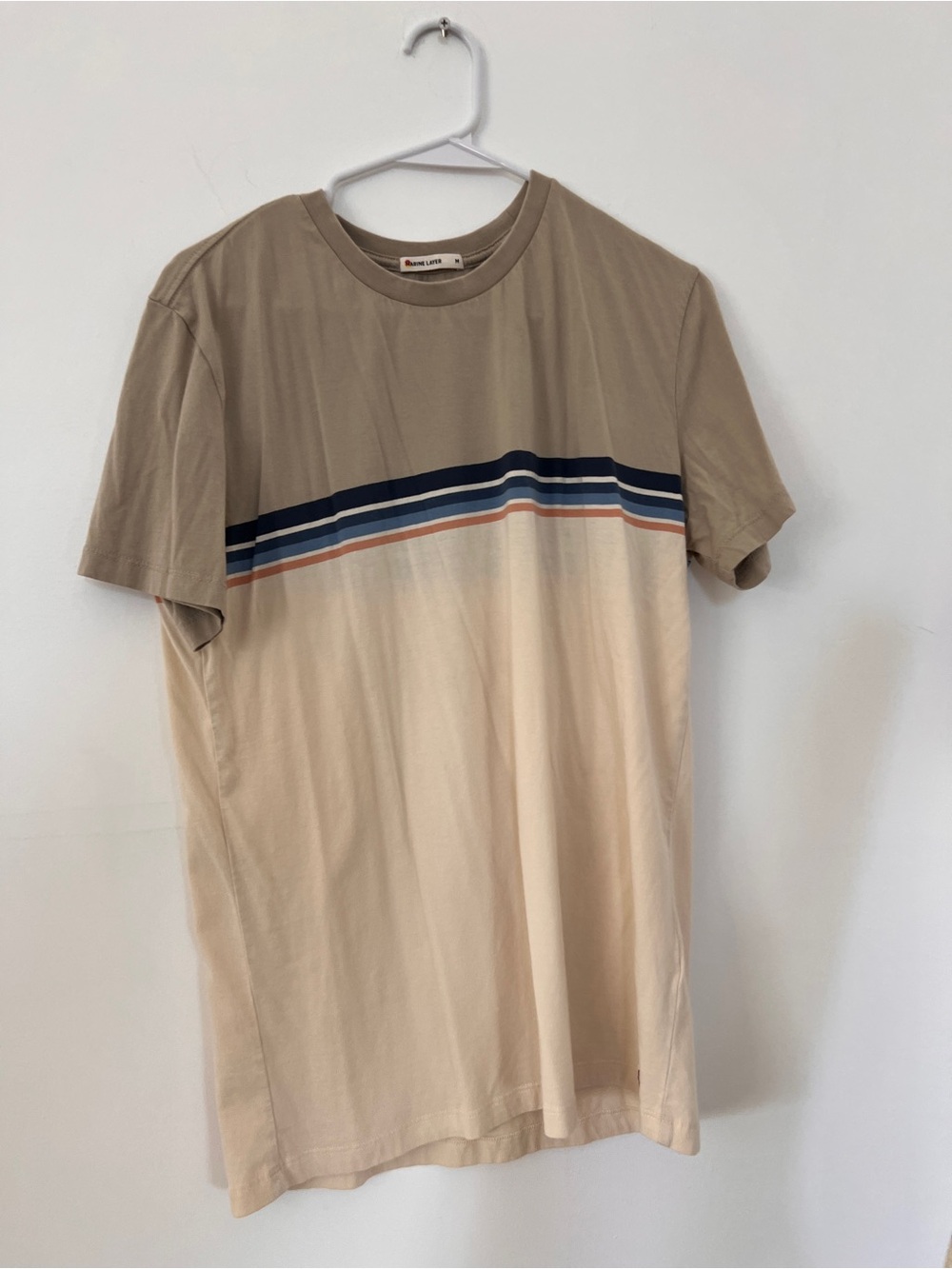 Marine Layer Short Sleeve Crew in Tan, Cream & Navy Stripe M